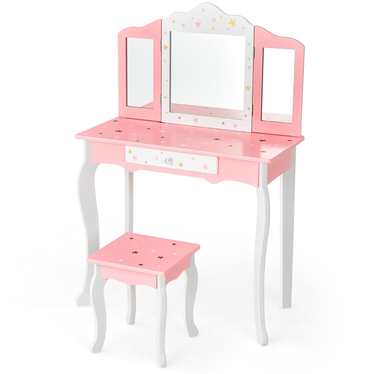 CostwayEnsemble Coiffeuse et Tabouret pour Enfants Miroir à 3 Volets Amovible, Table de Maquillage avec Tiroir Rose