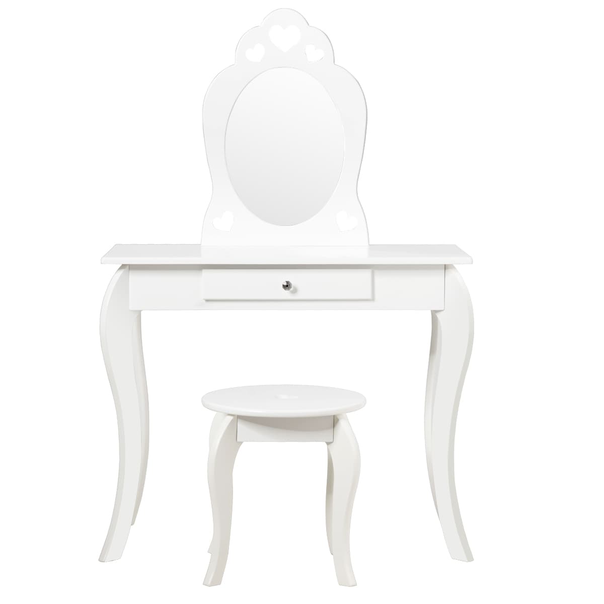 CostwayCoiffeuse Enfant avec Miroir Inclus de Table de Maquillage et deTabouret Dessus Amovible Blanc