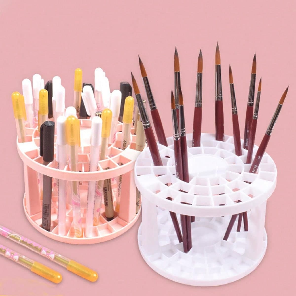 1 pièce Organisateur de rangement de pinceaux de maquillage à fentes multiples ronde rose, porte-brosse de maquillage multifonctionnel et